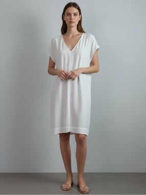 Maven West Short Sleeve V-Neck Flowy  Tencel Shift Dress White Sz S Pockets